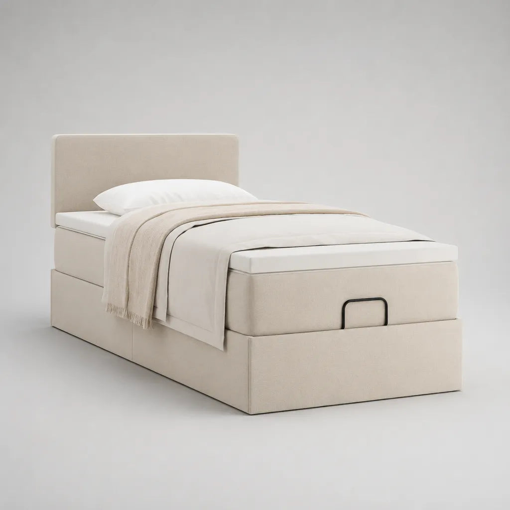 Stauraumbett 90 × 200 cm, Beige, mit Matratze, Topper und gepolstertem Kopfteil