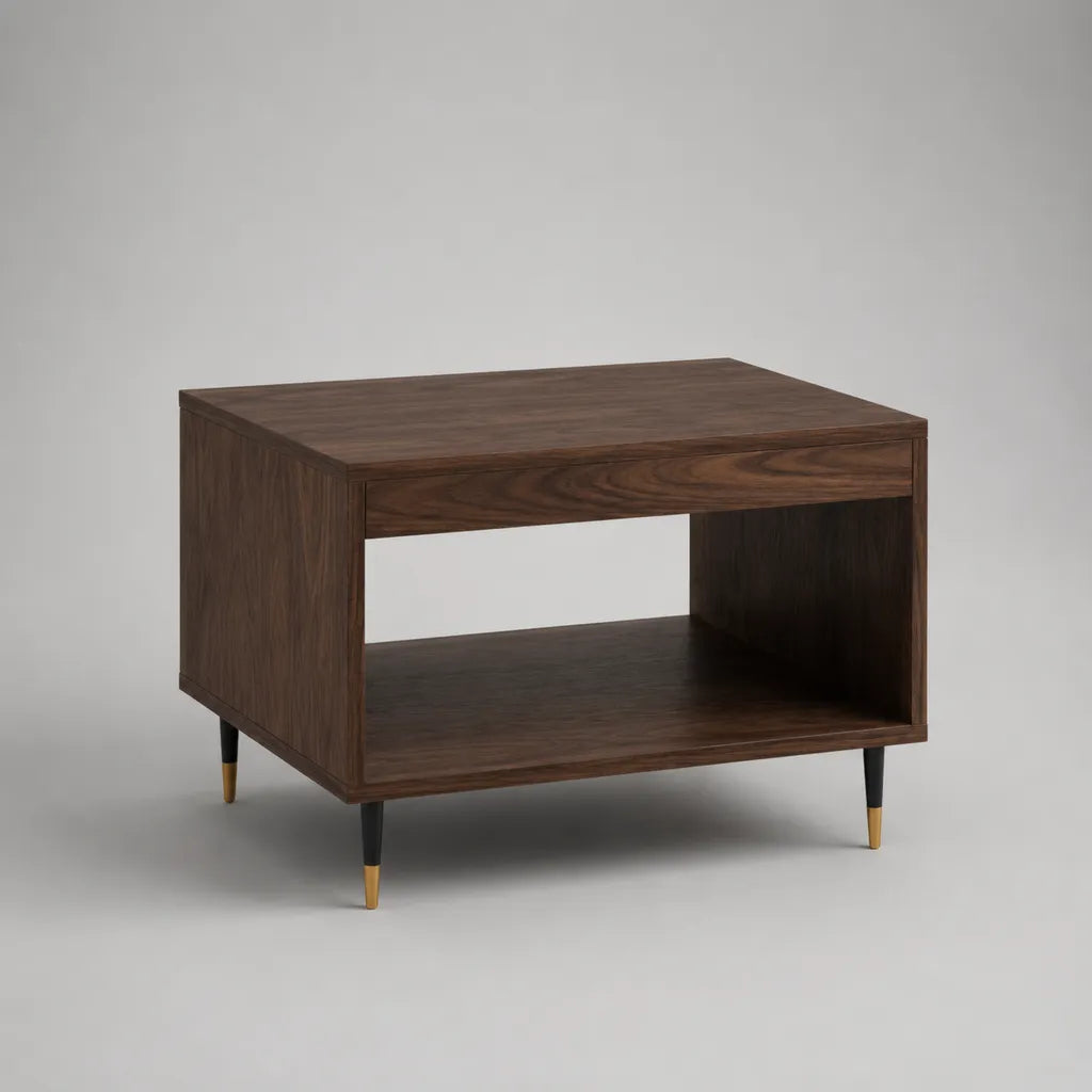 Quadratischer Couchtisch aus MDF mit Walnussfurnier, Schublade und Ablage, Dunkelbraun, 80 × 80 × 50 cm