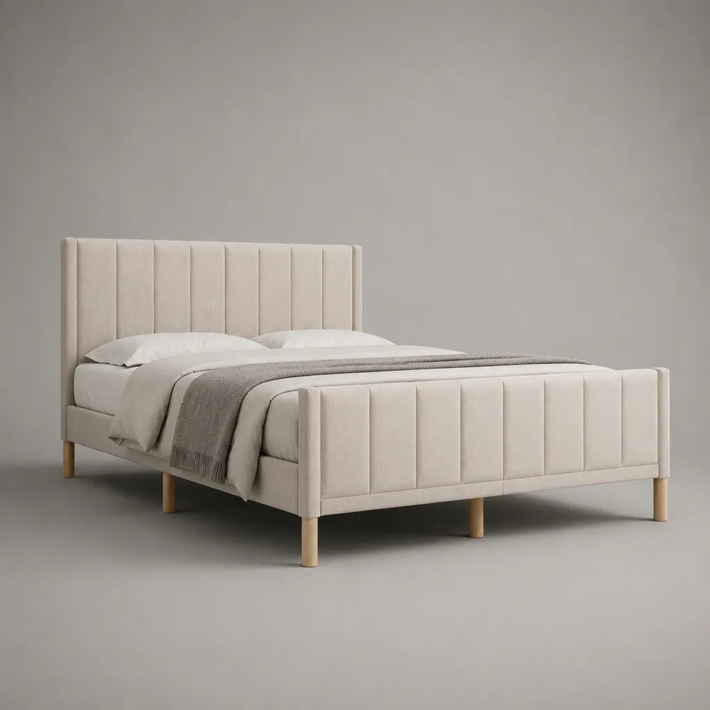 Polsterbett Doppelbett mit Lattenrost aus Polyester-Samt und Massivholz, Creme/Hellbraun, 218 x 171 x 116 cm, Liegefläche 160 x 200 cm
