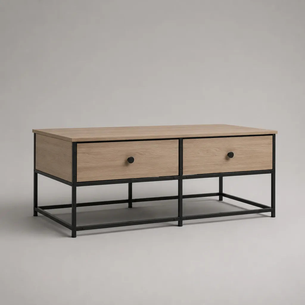Rechteckiger Couchtisch aus Spanplatte und Stahl mit 2 Schubladen, Eiche Natur/Schwarz, 100 × 50 × 45 cm