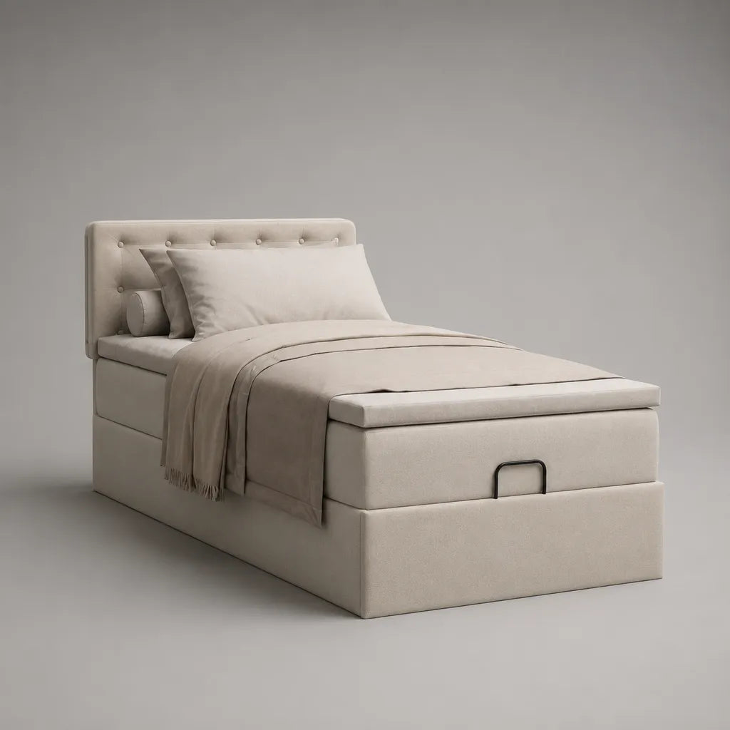 Polsterbett mit Bettkasten, Lattenrost und Knopfkopfteil, 90 × 200 cm, Polyester und Kiefer-Massivholz, Beige