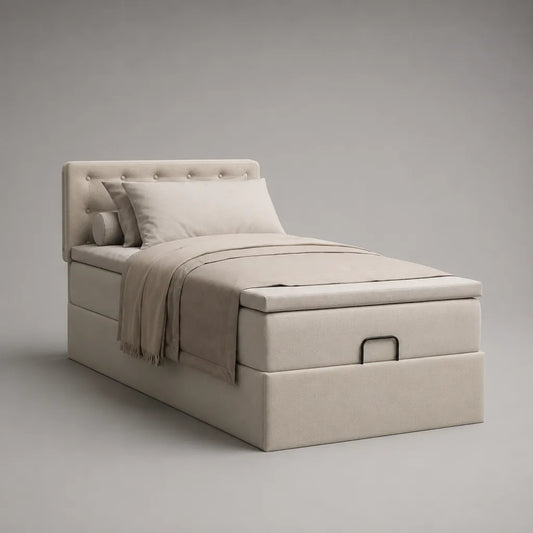 Polsterbett mit Bettkasten, Lattenrost und Knopfkopfteil, 90 × 200 cm, Polyester und Kiefer-Massivholz, Beige