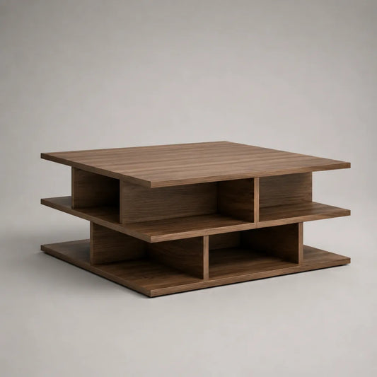 Quadratischer Couchtisch aus Spanplatte mit 6 offenen Fächern, Walnussbraun, 90 × 90 × 45 cm