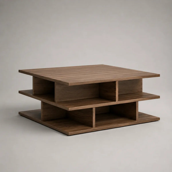 Quadratischer Couchtisch aus Spanplatte mit 6 offenen Fächern, Walnussbraun, 90 × 90 × 45 cm