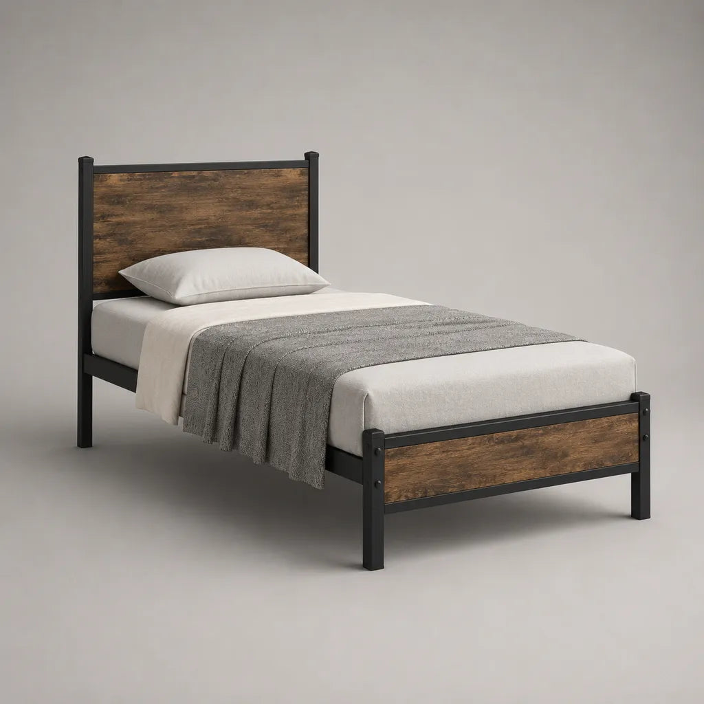 Einzelbettgestell aus Stahl und MDF, Schwarz und Braun, Liegefläche 90 × 200 cm, Außenmaß 208 × 96 × 110 cm