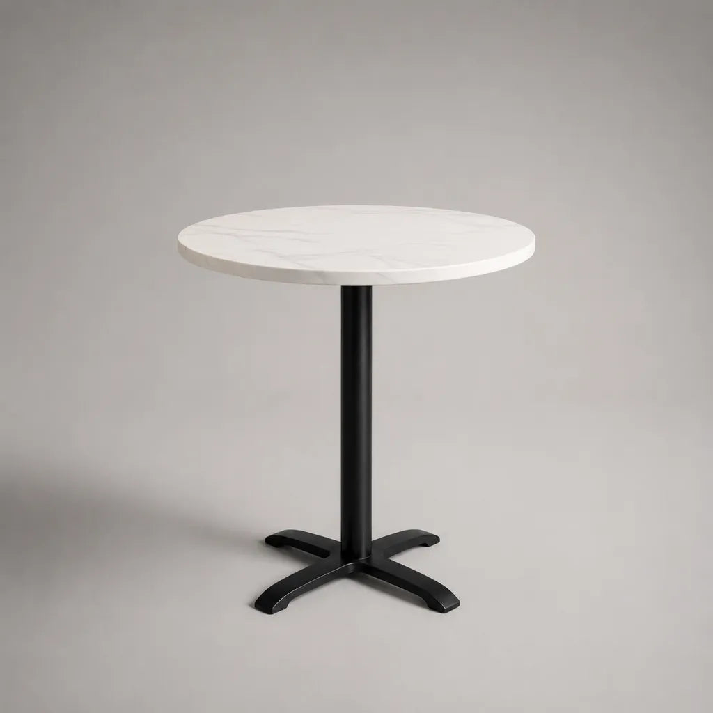 Runder Esstisch aus MDF und Stahl, Ø 80 × H 75 cm, Weiß mit grauer Marmoroptik und Schwarz
