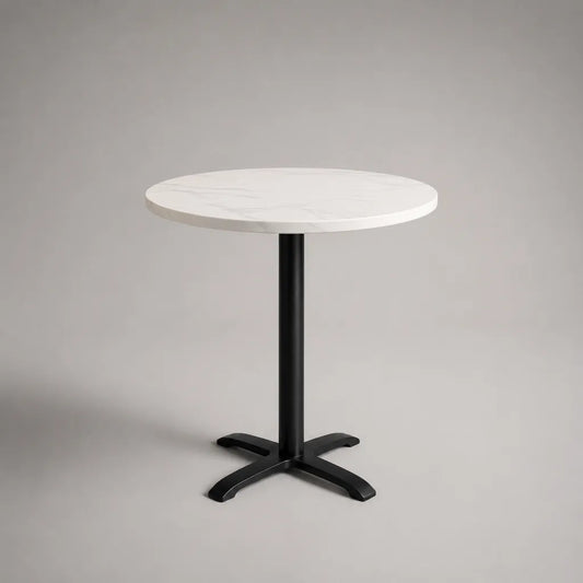 Runder Esstisch aus MDF und Stahl, Ø 80 × H 75 cm, Weiß mit grauer Marmoroptik und Schwarz