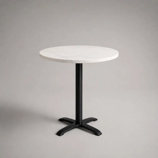 Runder Esstisch aus MDF und Stahl, Ø 80 × H 75 cm, Weiß mit grauer Marmoroptik und Schwarz