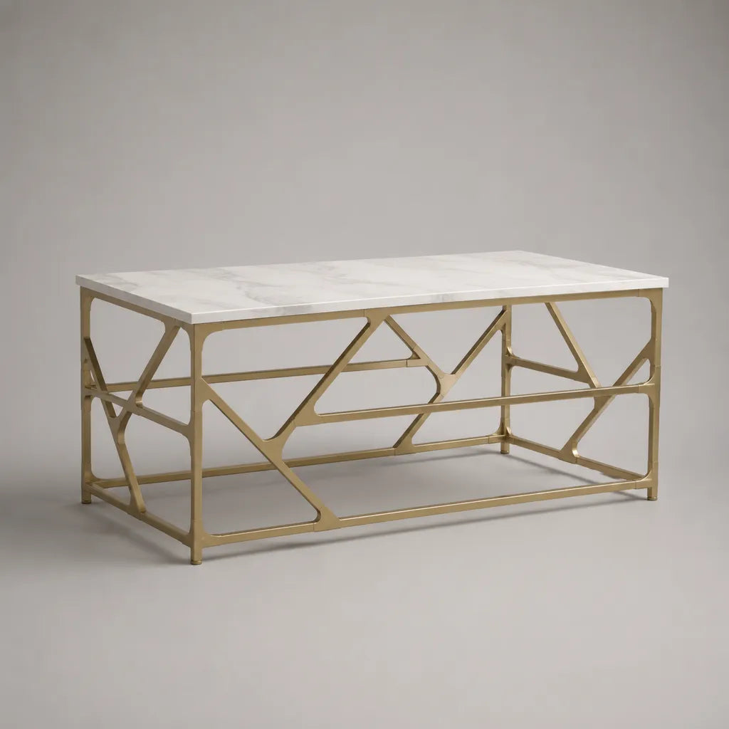 Rechteckiger Couchtisch aus MDF und Stahl in Weiß/Gold/Hellgrau, 100 x 50 x 45 cm, Marmoroptik