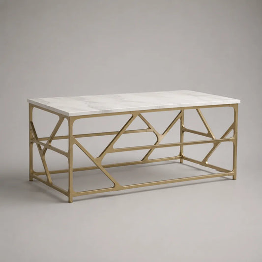 Rechteckiger Couchtisch aus MDF und Stahl in Weiß/Gold/Hellgrau, 100 x 50 x 45 cm, Marmoroptik