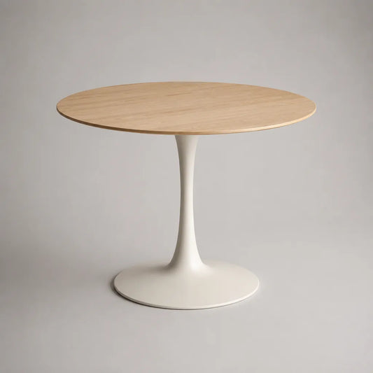 Runder Esstisch mit MDF-Platte, Eichenfurnier und Stahlfuß, Natur/Weiß, Ø 100 × H 75 cm