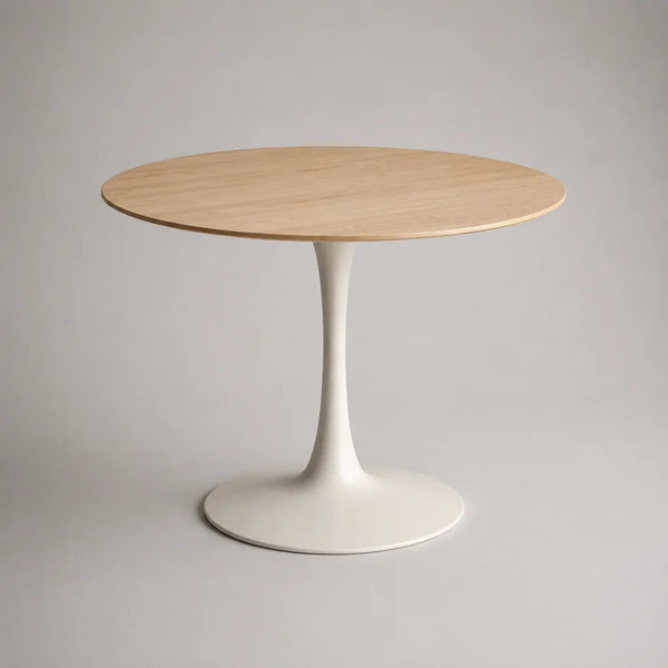 Runder Esstisch mit MDF-Platte, Eichenfurnier und Stahlfuß, Natur/Weiß, Ø 100 × H 75 cm