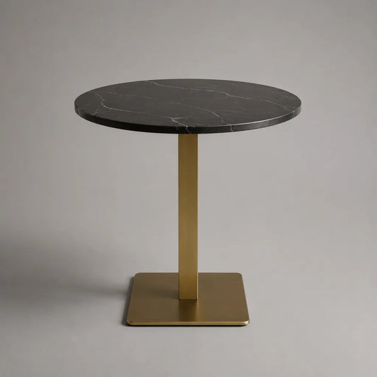 Runder Esstisch aus schwarzem Naturmarmor mit goldenem Edelstahlgestell, Ø 90 × H 75 cm