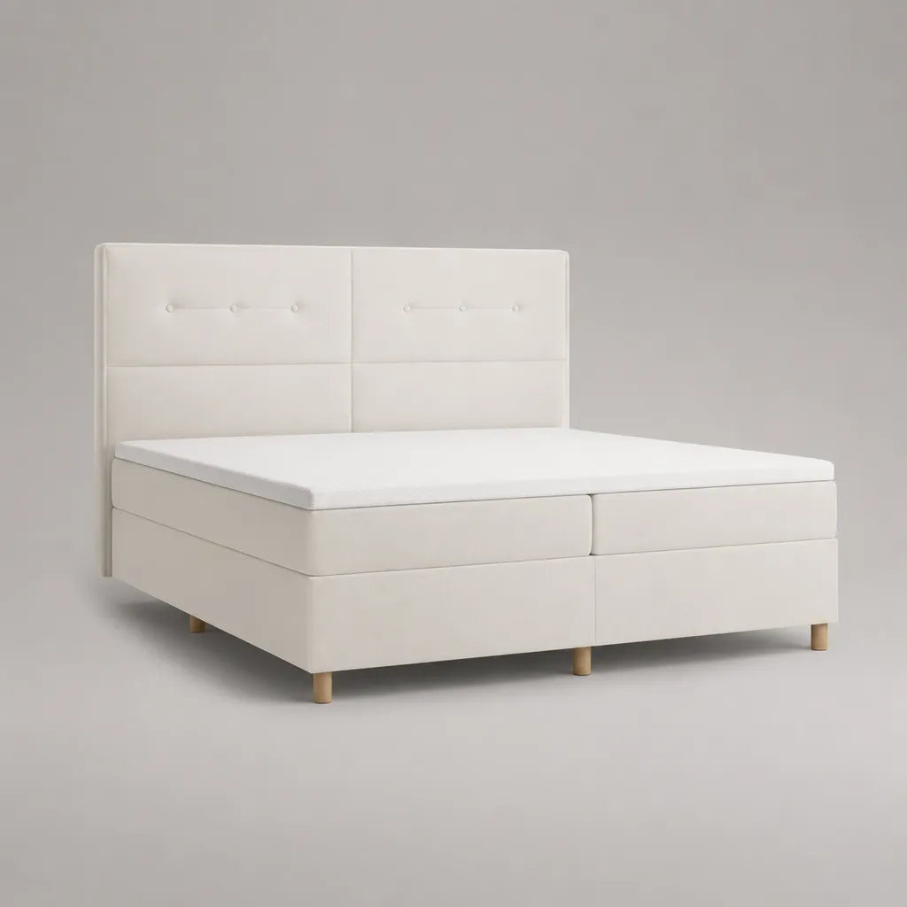 Boxspringbett Doppelbett mit Topper, Stoffbezug und Holzgestell, Weiß/Natur, 180 × 200 cm