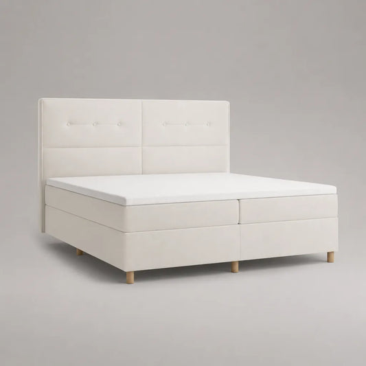 Boxspringbett Doppelbett mit Topper, Stoffbezug und Holzgestell, Weiß/Natur, 180 × 200 cm
