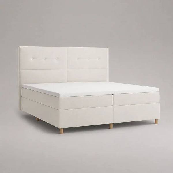 Boxspringbett Doppelbett mit Topper, Stoffbezug und Holzgestell, Weiß/Natur, 180 × 200 cm