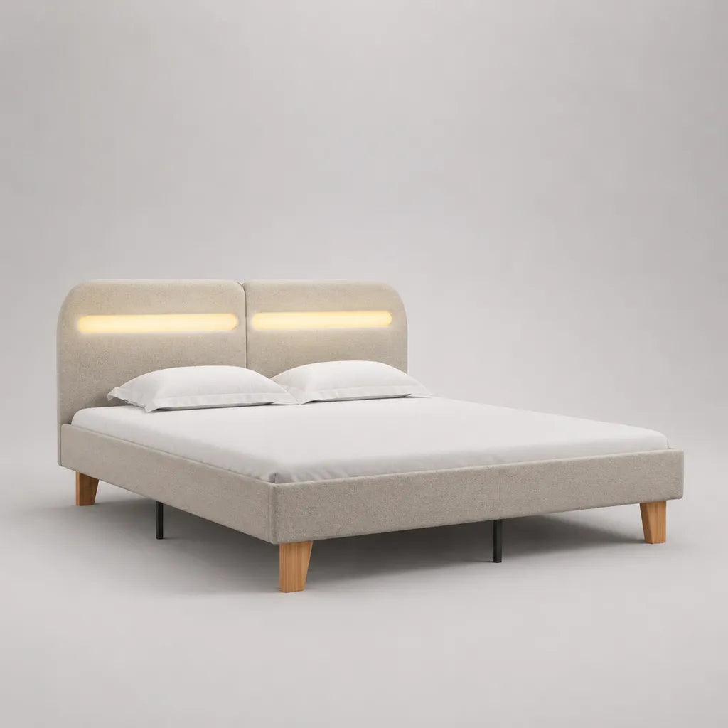 Polsterbett mit LED-Kopfteil, Liegefläche 160 × 200 cm, Polyesterbezug, Beige